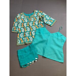 Teal Embroidered Floral 3 Piece Outfit Top Cami‎ Scarf Set Never Worn